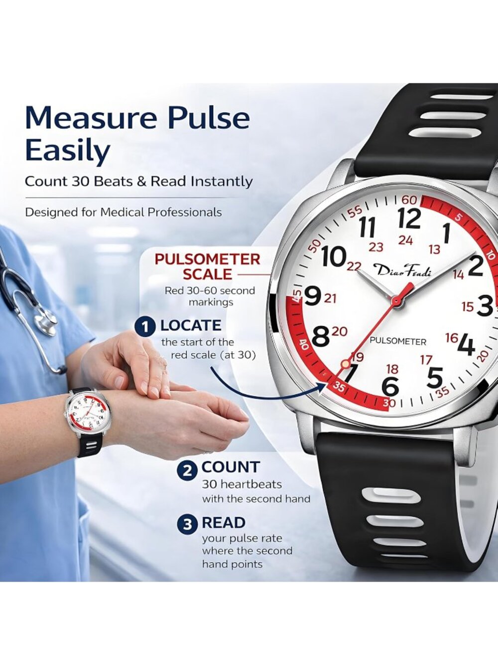 Diaofendi Women's White Black Analog Nurse Medical Professional Waterproof Watch - Picture 2 of 6